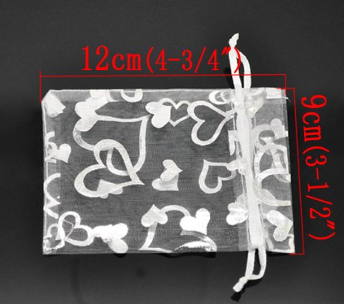 HooAMI 100X Weiss Organza mit Herz Säckchen Bonbonsbeutel Geschenkbeutel 9x12cm - 4