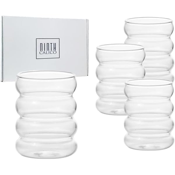 Tessco Ribbed Glass Cups - Set Of 4 Vintage 12oz Tumblers With Lids & Straws
