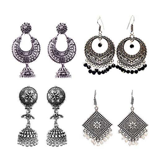 The Trendy Trendz Combo Pack of 4 Elegant Jhumki Sets | German Silver Dangle & Drop Oxidised Silver Jhumki Earring | For Girls/Women