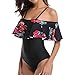 Produktbild Ba Zha Hei Damen Bikini Frau Schlinge Schulter Nackte Schulter Blumen Drucken Volant Siamese Bademode Frauen Einteilige Rüschen Badeanzug Bikini Bademode Push-up Floral Monokini Baden Bikini-sets (M, Schwarz)