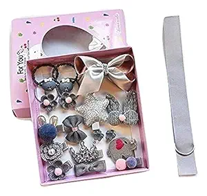 Sonpal Grey Color 18Pcs/Set Mix Style Headwear Set Children Ribbon Bow with Full Covered Clips Hairpins for Girls Princess Headdress Hair with Gift Box