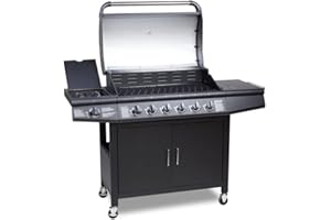 CosmoGrill Pro Deluxe 7 Gas Burner 6+1 Barbecue Grill Steel Warming Rack, Side-Burner, Built-in Temperature Gauge and Weatherproof Cover (Black)