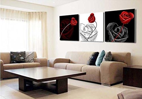 Mon Kunst Black White Red Rose 3 Pieces Canvas Prints of Art Wall Canvas Artwork 40*40cm (Stretched and Framed) Ready to Hang