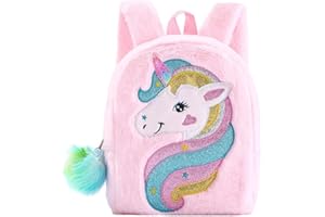 YNREDEE Cute Plush Unicorn Backpack,Unicorn Backpack Furry Bookbag for Kids,Cartoon Unicorn School Bag (Pink)