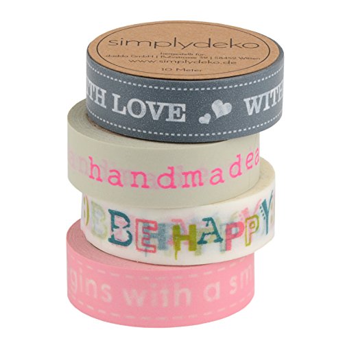 Simplydeko Washi Tape Sets SUPER AUSWAHL - 4 Rollen Masking Tape in vielen Varianten, Bastel-Klebeband | Washi-Tape und Maskingtape (Sprüche (15mm breit - 40 Meter))