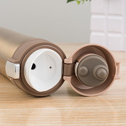 Kooyi Vakuum Isolierbecher aus Edelstahl, Kaffeebecher Reisebecher 450 ml, Koffee to go Becher, einhändig zu öffnen und Trinken, 100% auslaufsicher BPA frei, für kalt und warm … (champagne golden) - 3