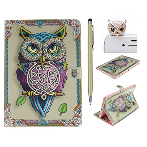 iPad mini 3 Lederhülle - Felfy Slim Full Body Niedlichen Cartoon Gelbe Eule Muster PU Case Cover Etui Schutz Hülle Tasche für Apple ipad mini 3 mini 2 mini 1 + 1x Eule Anti Stöpsel + 1x Gold Stylus
