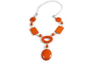 Avalaya Statement Orange Wood Bead Geomentric Silver Cord Necklace - 66cm L/ 13cm Front Drop