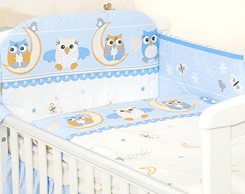 3 PCS NURSERY BABY BEDDING SET TO FIT COT & COT BED (to fit cot bed 140x70cm, Blue & White Owls)