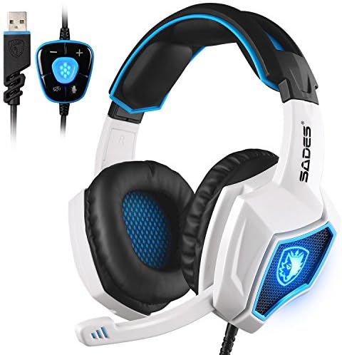[New USB Computer Headphones with Mic] Over Ear 7.1 Surround Sound PC Gaming Headset with Noise Cancelling/Breathing Light in Black White for PC Laptop