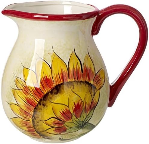 Original Cucina Italiana Ceramic Water Pitcher 3.5 Quarts, Red Rim, Sunflower Design by 5th Ave Store