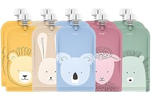 Cherub Baby Refillable Food Pouches 10 Pack 150ml Leakproof Freezer Safe BPA-Free Squeeze Bags for Toddler Baby Snacks Reusable Easy Fillable Animal Printed Pouch for Homemade Smoothies Purees Yoghurt