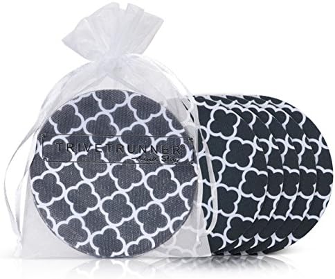 Drink Coaster Set: 6 Flat 4-Inch Round Discs Protect Surfaces,Table,Bar from Hot or Cold Drinks, Anti-Slip, For Every Glass,Mug or Cup, 5 Design Choices By Trivetrunner (Black &amp; White)