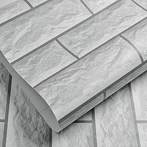 Wolpin Wall Stickers DIY Wallpaper Decal (45 x 300 cm) 3D Brick Self Adhesive Office Decorative PVC Vinyl, Living Room, Hall Kitchen, Restaurant, Shelf Liner Contact Paper Interior, Pastel White