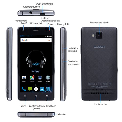 Cubot Echo Musik Smartphone 3G ohne Vertrag (5 Zoll (12.7 cm) HD Touch-Display mit Ultraharten Bildschirm und High-End Musik LeistungsverstÃ¤rker-Chip, 3000mAh Akku, 2GB Ram, 16GB interner Speicher, Android 6.0, Dual-SIM, 5MP Frontkamera / 13MP Hauptkamera) Schwarz [ Cubot Offiziell ]