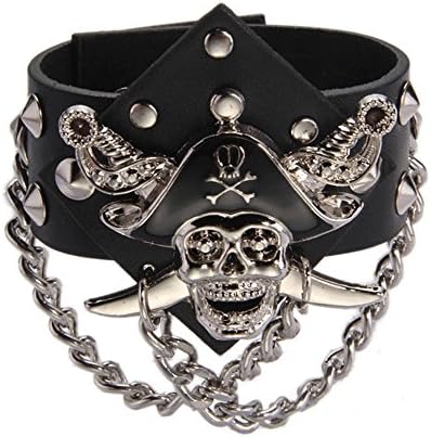 Gleader Metal Pirate Skull Punk Chain Leather Bangle Cuff Bracelet Wristband Men