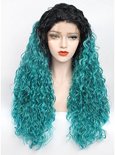 ZeroBlizzard Synthetic Wigs Tight Curly Two Tone Ombre Green Wig Middle Part Glueless Synthetic Lace Front Wigs Heat Resistant Fiber Hair Half Hand Tied Wig for Black Women (20", Green)