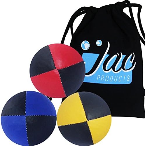 Set of 3 Jac Products Pro Thud Juggling Balls (UK Made) &amp; Cotton Travel Bag (Red/Black Blue/Black Yellow/Black)