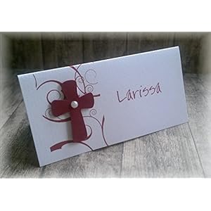 Tischkarte Namenskarte Kommunion Konfirmation Firmung Taufe Kreuz dunkelrot bordeaux weinrot rot