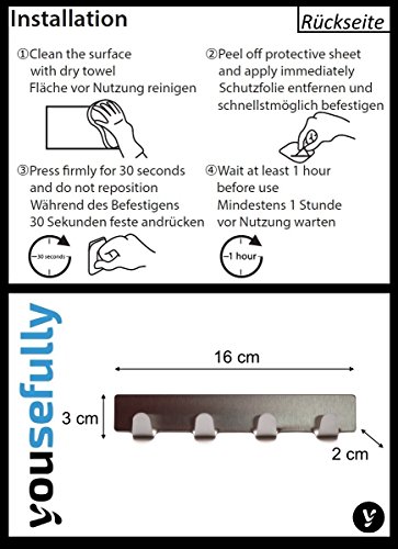 yousefully Handtuchhalter selbstklebend ohne Bohren – Leiste mit 4 Handtuchhaken aus Edelstahl – Handtuchleiste „Hängt sie auf“ – Matt – Hakenleiste – 16 x 3 x 2 cm – Schlüsselleiste – Schlüsselhaken - 6