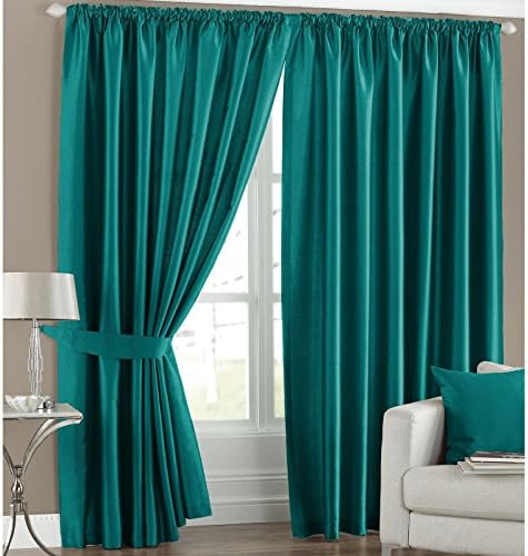 Faux Silk Light Reducing Thermal Teal 66x54 Pencil Pleat Curtains with Tiebacks