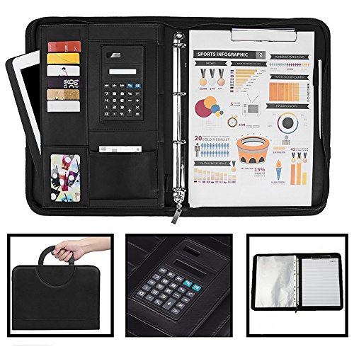 YZCX A4 Gestione Cartelle Portadocumenti Pelle Portablocco Porta Documenti Organizer Borsa con Taccuino per Scrivere, Calcolatrice e Chiusura di Cerniera per Casa Ufficio Business Conferenza Viaggio