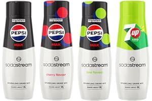 Sodastream Syrup Mixed Pack, Pepsi MAX, Cherry, Lime & 7UP Zero Fizzy Water Flavouring Syrup, Sugar Free Sparkling Drink Mix, Official Pepsi & 7UP Flavours, 4 x 440ml Multipack, Makes Up to 36L