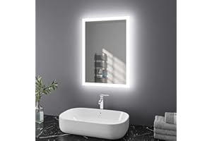 Finmrys Bathroom Mirror with LED Lights, 500 x 700 mm Illuminated Bathroom Mirror with Demister Dimmable 3 Colour Light Memory Function Horizontal/Vertical （19.69x27.56 Inch）