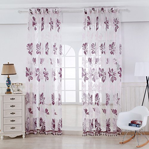 GWELL Translucent Floral Print Curtain with Bead Eyelet Ring Top Curtains/Drapes/Panels for Living Room Bedroom(One Panel) Flower