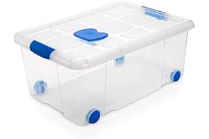 DECODEKO Caja de Almacenamiento con Ruedas, Plástico, Tapa con Cierre de Presión, Organizador Multiuso (Nº3-36L-Transparente)