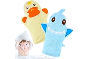 SHAPPY 2 Pieces Baby Bath Mitt Washcloths with Cute Animal Designs Yellow Duck Shark Cotton Towel Gentle Soft Scrub for Toddler Bath and Shower