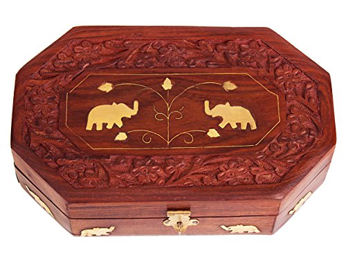 Store Indya, Konigliche handgeschnitzte Holz Schmuckschatulle mit dekorativen Mughal Inspired Elephant & Blatt Messingeinlage - 3