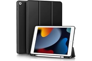 ‎VOBAFE Vobafe Hülle Kompatibel mit iPad 9 8 7 Generation(10.2 Zoll, Model 2021/2020/2019,9./8./7.), Weiche TPU Rückseite Abdeckung Klappständer Schutzhülle mit Stifthalter, Auto Schlafen/Wachen Schwarz