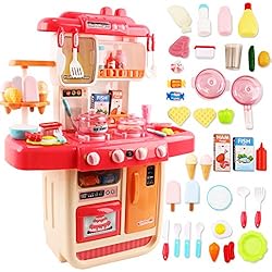 deAO Set de Cuisine 'Mon Petit Chef' avec 34 Accessoires, Plaque de Cuisson à Induction, Eau, Lumière et Son (Rose)