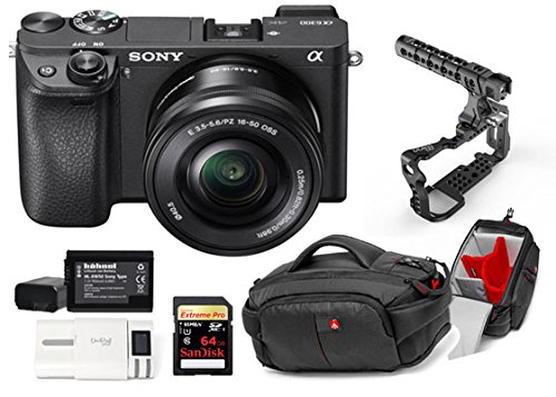 examen Kit Sony Digital Camera Alpha a6300 - Mirrorless Digital Camera + Lens 16-50mm + Memory Card Sandisk 64GB + Cage 8Sinn with Handle + Bag CC-191 + 2 Batteries HL XW50 + 1 Battery Charger