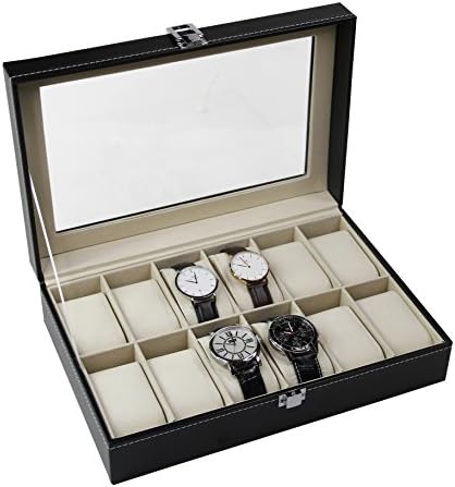 12 Grids Watch Display Box Case Bracelet Tray Faux Leather Glass Lid