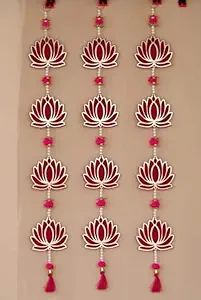 Lotus Hangings for Decoration|4 Tier MDF Floral Wall Hangings with Tussle|Door Hanging |Hangings for Door Entrance|Lotus Size 4 Inch - Latkan Size 30 Inch|Color -Red|4 Strings|
