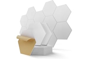 KUCHOOW Paneles Acusticos Autoadhesivos, 12 Piezas, Hexagonal Panel Acustico Decorativos, Acoustic Panels para Pared, Techo, Puerta, Home Estudio, Gaming, Living Room, 30 x 26 x 0,9 cm, Blanco