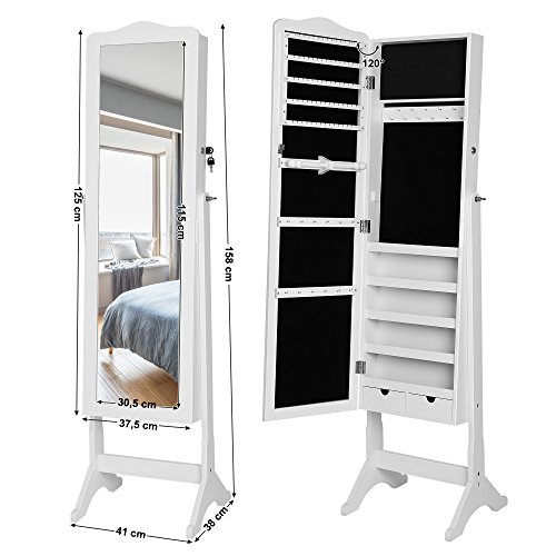 Songmics 158 x 41 x 38 cm Schmuckschrank Weiß für Ketten Ringe Ohrringe JBC82W - 7