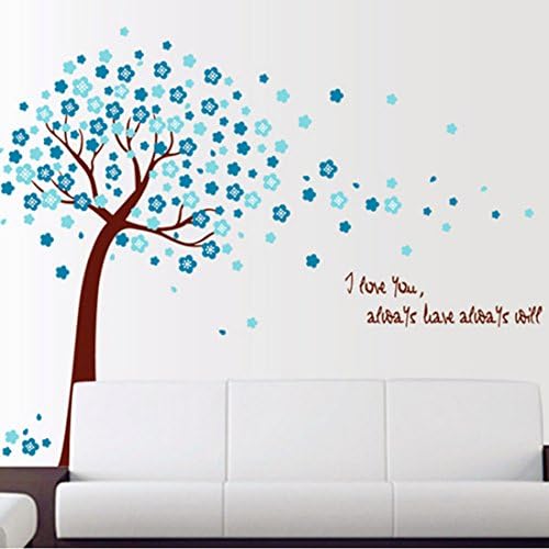 Beautiful Blue Peach Blossom Tree Wall Sticker House Decal Removable Living Room Wallpaper Bedroom Kitchen Art Picture PVC Murals Sticks Window Door Decoration + 3D Frog Car Sticker Gift
