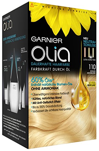 Garnier Olia Haar Coloration Kühles Aschblond 110 / Färbung für Haare enthält 60% Blumen-Öle für intensive Farbkraft / Anti-Gelbstich-Effekt - Ohne Ammoniak - 3 x 1 Stück
