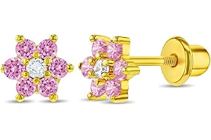 In Season Jewelry 18k Gold Plated Flower Baby Earrings Screw Back Kids Pink Clear 5mm