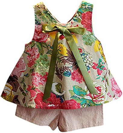 Girls' Clothes Set JYJM 2PCS Kids Floral Sleeveless Top Vest T-Shirt + Sports Shorts Set Gift For Girl Summer Short Sleeve Party Costume Photo Prop For 2-7year Girls (9, Green)