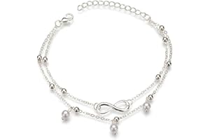 SJBAUTYO Boho - Cavigliera doppia con perle in argento,Cavigliera con perline di perle da spiaggia,cavigliera a figura 8 fortunata,cavigliera da donna regolabile,per donne e ragazze