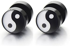 COOLSTEELANDBEYOND Yin Yang Enchufe Falso Fake Plug, Pendientes de Hombre, Aretes, 1 Par