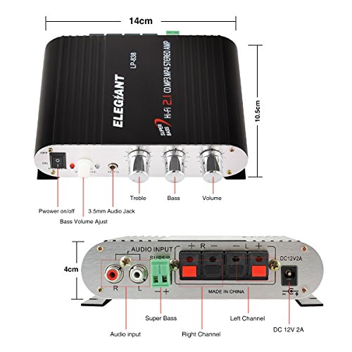 ELEGIANT Mini 200W 12V Hi-Fi Car Stereo Amplifier Power Channel Audio Heavy Bass Output - Matt Aluminum Casing with Overheating, Overload and Short Circuit Protection for Home Car Motorcycle Boat - Connect to any Speakers; Support Booster Radio MP3 MP4 iPod or CD player black