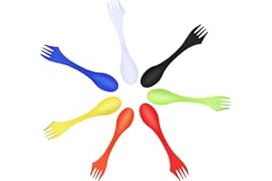 JEOPKO 7 Pack Plastic Spork, Portable and Reusable Camping Spork Lightweight and Strong Spork Plastic, Spoon Fork Knife Set Portable for Backpacking Hiking Outdoors(7color), Blue,green,orange,white