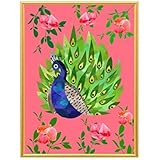 Kunstdruck - Illustration - Stolzer Pfau im Blumengarten - A4 Größe