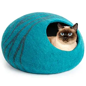 MEOWFIA Felt Cat Bed Cave (Medium) - Handmade 100% Merino Wool Bed for Cats and Kittens (Aqua/Medium)