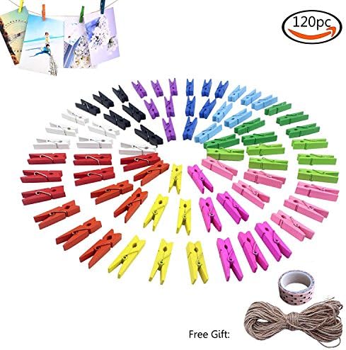 120 Pcs Mini Pegs Colored Wooden Pegs Natural Wooden Photo Pegs,Wooden Photo Paper Peg Pin Wooden Craft Clips For Fujifilm Instax Mini 8 7s 25 50s 90 Films (Present Jute Twine And Paper Tape)